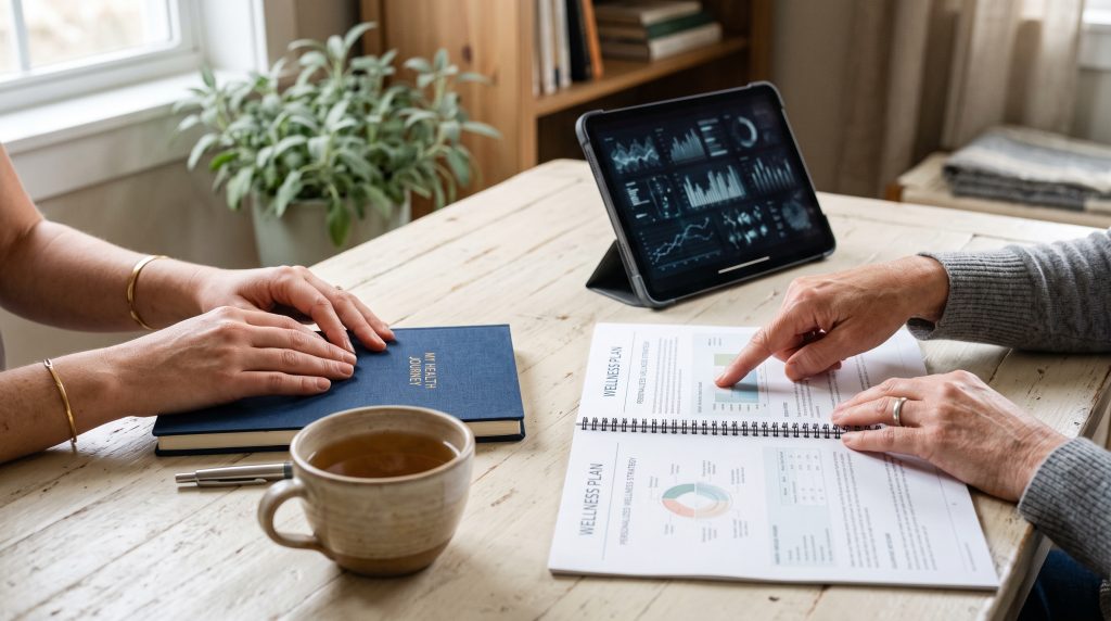 Woman reviewing a wellness plan outlining insurance coverage and payment options for behavioral health care services