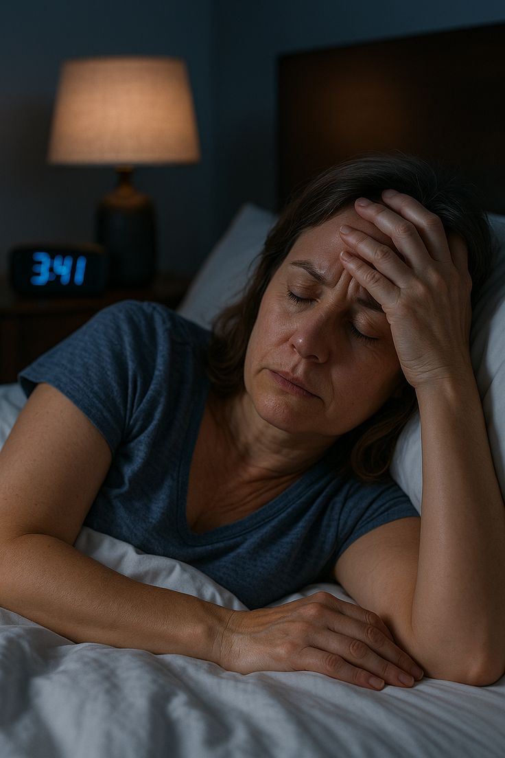 Person lying awake in bed at night experiencing sleep disturbances and difficulty falling asleep due to stress or anxiety