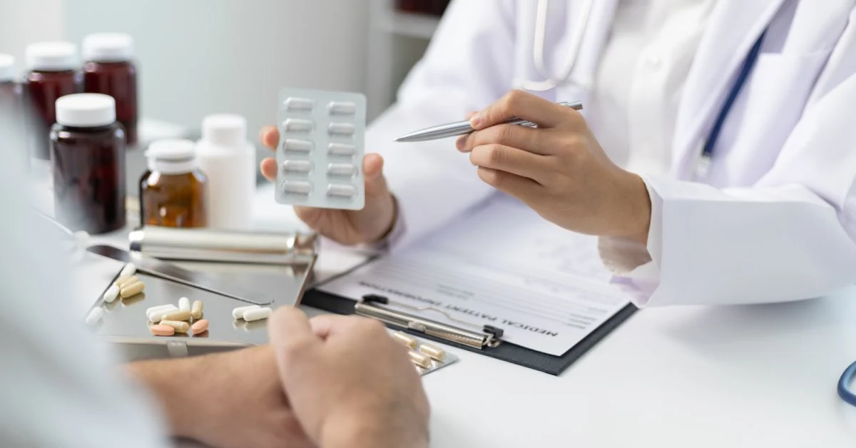 Psychiatric provider reviewing medication options with a patient during a telehealth appointment for mental health care